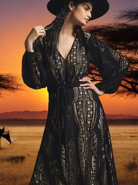 FARM Rio Black & Beige Lace-Pattern Maxi Dress